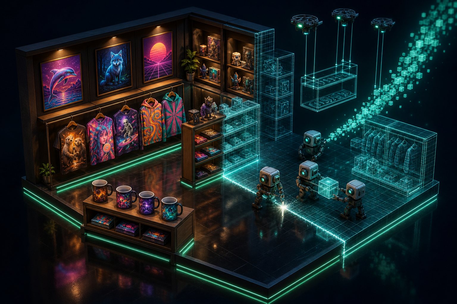 A futuristic Generated Goods store being constructed by robots — new catalog coming soon